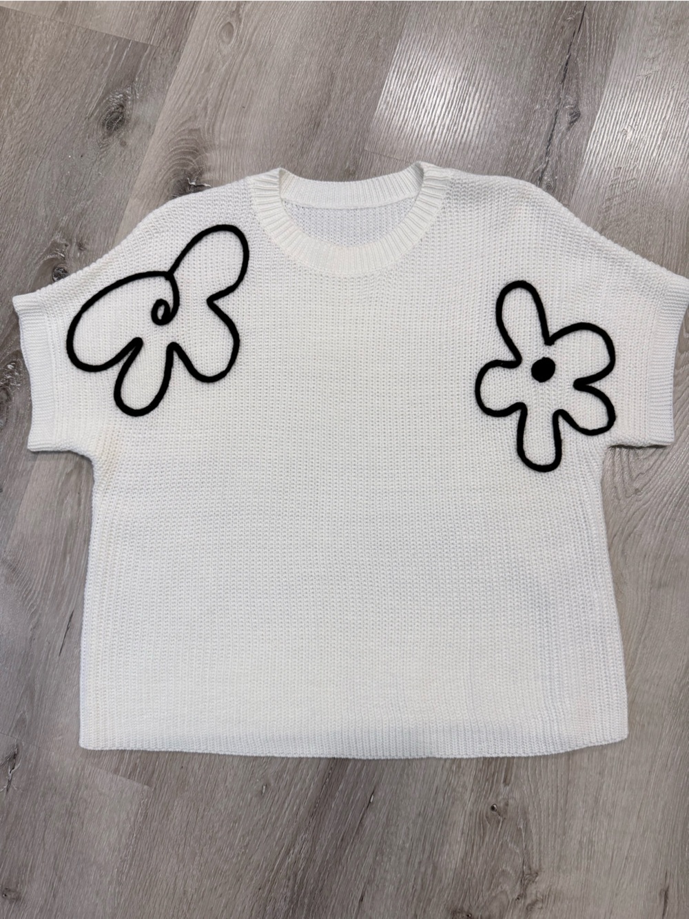 White Knit Sweater with Black Floral Appliqués